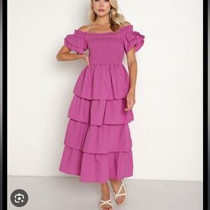 Cleobella Kaiya midi tiered pink Off-Shoulder Dress